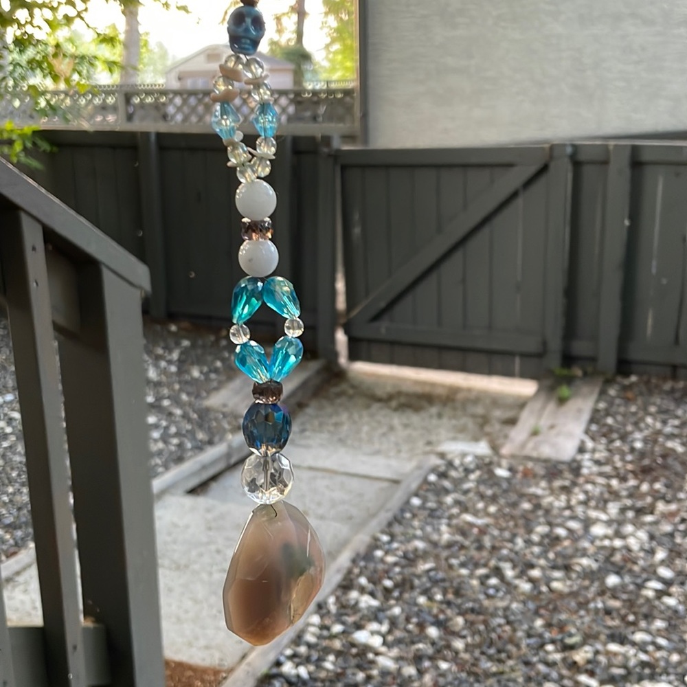 Handmade Wired Geode Suncatcher w New & Upcycled Beads Blue Colour Scheme